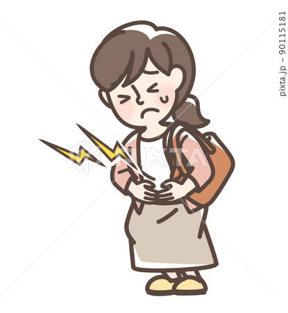 腹痛でお腹をおさえている女性 腹痛でお腹をおさえている女性 90115181