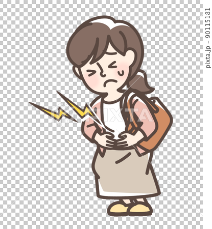 腹痛でお腹をおさえている女性 腹痛でお腹をおさえている女性 90115181