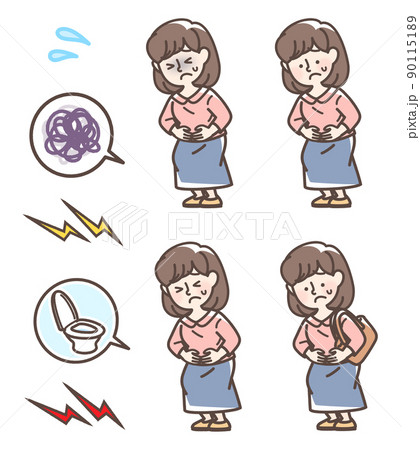 腹痛でお腹をおさえている女性セット 90115189