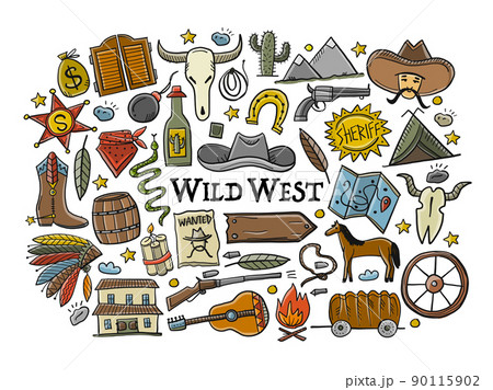 Wild Western. Adventure Background. Icons collection for your design Wild Western. Adventure Background. Icons collection for your design 90115902