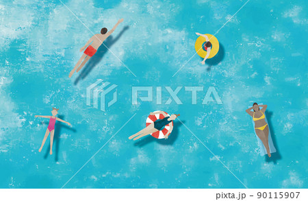 海で泳ぐ人々水彩画 90115907