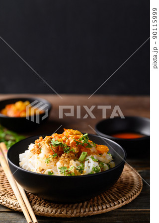 Rice noodle mixed with spicy tomatoes sauce, Tai Yai food in Northern of Thailand Rice noodle mixed with spicy tomatoes sauce, Tai Yai food in Northern of Thailand 90115999
