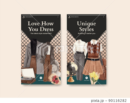 Instagram template with dark academia outfit concept,watercolor Instagram template with dark academia outfit concept,watercolor 90116282