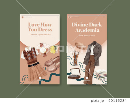 Instagram template with dark academia outfit concept,watercolor Instagram template with dark academia outfit concept,watercolor 90116284