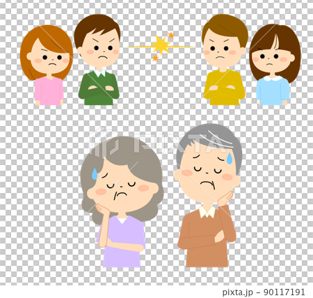 対立する兄弟家族を心配する老夫婦 対立する兄弟家族を心配する老夫婦 90117191