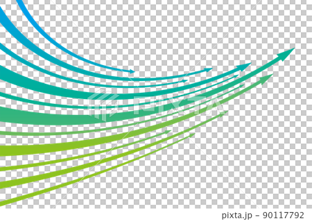 Illustration of curved arrow pointing to the upper right of the green and light blue gradient / white background 90117792