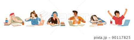 Tired sleepy students yawn at desk 90117825