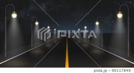 Night road with street lamps perspective view 90117849
