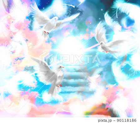 平和の象徴三羽の白い鳩が天国を仲良く飛んでいるイラストのイラスト素材