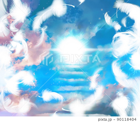 青空を舞う白い羽と天国に続く雲の階段のイラスト 90118404