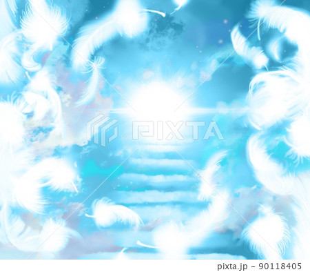 青空を舞う白い羽と天国に続く雲の階段のイラストのイラスト素材