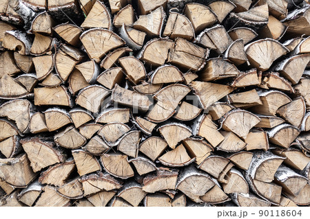 stacked woodpile of birch firewood in nature in the village Close up 90118604