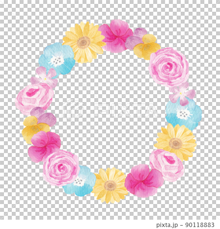 Illustration material: A wreath of gorgeous and colorful flowers hand-painted with watercolors. 90118883