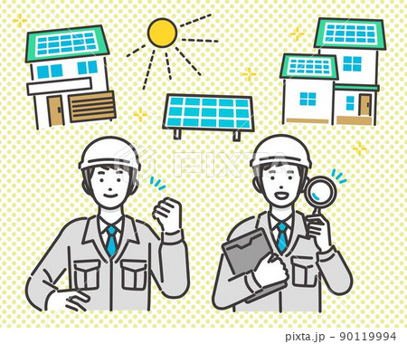 ソーラーパネルと作業員のベクターイラスト素材／建築／SDGs／自家発電／エコ 90119994