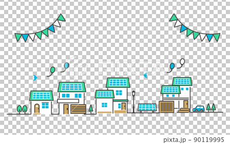 安裝太陽能電池板/建築/私人發電/可持續發展目標/生態的房屋和城市景觀的矢量圖解材料 安裝太陽能電池板/建築/私人發電/可持續發展目標/生態的房屋和城市景觀的矢量圖解材料 90119995