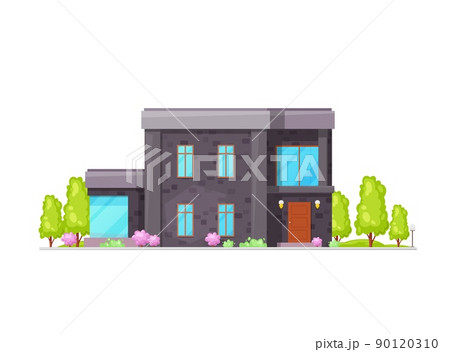 Modern house exterior with natural stone wall trim. Contemporary suburban home, flat vector mansion or villa with stone or brick walls, glass facade and landscaped with trees and flowers front yard Modern house exterior with natural stone wall trim. Contemporary suburban home, flat vector mansion or villa with stone or brick walls, glass facade and landscaped with trees and flowers front yard 90120310