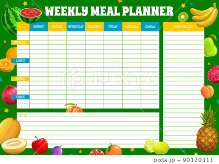 Weekly meal planner with tropical fruits. Vector timetable, week food plan organizer. Calendar menu for breakfast, lunch, dinner or snack with watermelon, orange, apple and garnet, melon, banana, pear 90120311