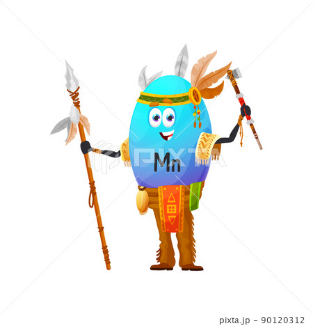 Cartoon manganese or manganum micronutrient indian character. Isolated vector native american wild west Mn vitamin element personage wear feather tribal headband and cherokee costume hold axe or spear Cartoon manganese or manganum micronutrient indian character. Isolated vector native american wild west Mn vitamin element personage wear feather tribal headband and cherokee costume hold axe or spear 90120312