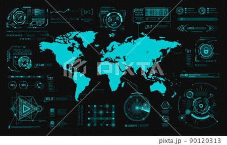 HUD hologram interface, earth digital map infographic charts and graphs, futuristic technology. HUD world earth data and controls on virtual screen vector dashboard, cyber future UI interface 90120313