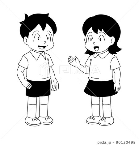 白黒】男女の子ども全身イラスト（会話）のイラスト素材 [90120498