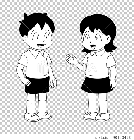 白黒】男女の子ども全身イラスト（会話）のイラスト素材 [90120498