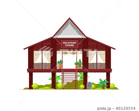 Malaysian cuisine restaurant building icon, Asian food place architecture, vector. Malay food bar or restaurant facade and gourmet bistro with terrace bar, Malaysia authentic house 90120554