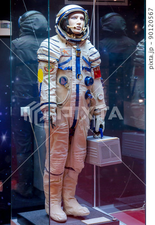 MOSCOW, RUSSIA - MAY 31, 2016: Russian astronaut spacesuit in Moscow space museum MOSCOW, RUSSIA - MAY 31, 2016: Russian astronaut spacesuit in Moscow space museum 90120567