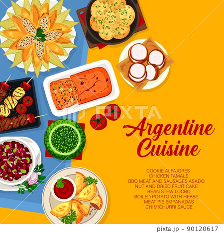 Argentina food menu cover, Argentine cuisine dishes and meals, vector. Argentinian restaurant lunch and dinner poster with empanadas, BBQ grill and meat pie, bean stew, chicken tamale and chimichurri Argentina food menu cover, Argentine cuisine dishes and meals, vector. Argentinian restaurant lunch and dinner poster with empanadas, BBQ grill and meat pie, bean stew, chicken tamale and chimichurri 90120617