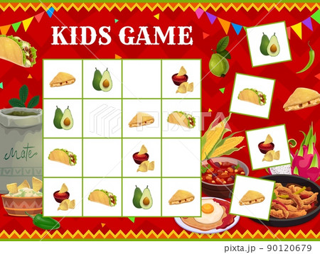 Sudoku game, Mexican cuisine meals, fruits and snacks, vector puzzle worksheet. Sudoku riddle grid to find and match Mexican taco and quesadilla with avocado and nachos chips in chili sauce Sudoku game, Mexican cuisine meals, fruits and snacks, vector puzzle worksheet. Sudoku riddle grid to find and match Mexican taco and quesadilla with avocado and nachos chips in chili sauce 90120679