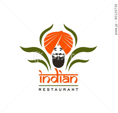 Indian restaurant vector icon of chef with orange turban, black mustache and beard, spice and herb leaves. Arabian restaurant, Indian cuisine cafe or ethnic bar isolated symbol with cooking guru Indian restaurant vector icon of chef with orange turban, black mustache and beard, spice and herb leaves. Arabian restaurant, Indian cuisine cafe or ethnic bar isolated symbol with cooking guru 90120736