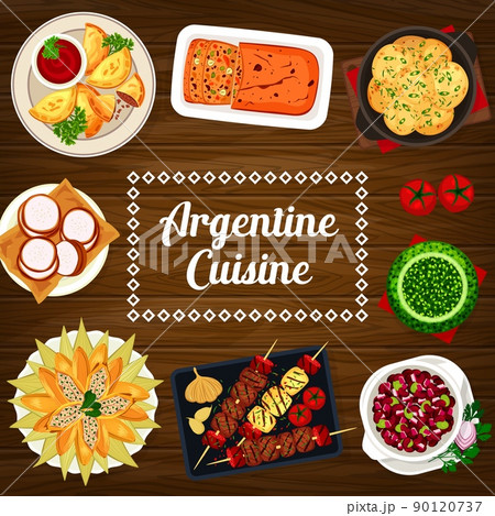 Argentine cuisine food menu cover, Argentina dishes and meals, vector restaurant poster. Traditional Argentinian empanadas, BBQ meat and grill sausages bean stew, chicken tamale and boiled potatoes 90120737