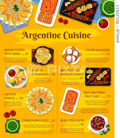 Argentine food and Argentina cuisine dishes menu, vector restaurant lunch, dinner poster. Traditional Argentinian bbq meals, empanadas and chimichurri, barbecue grill meat sausages and chicken tamale Argentine food and Argentina cuisine dishes menu, vector restaurant lunch, dinner poster. Traditional Argentinian bbq meals, empanadas and chimichurri, barbecue grill meat sausages and chicken tamale 90120815