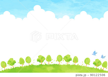 緑豊かな木々と青空の手描き背景イラストのイラスト素材