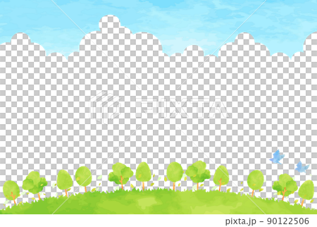 緑豊かな木々と青空の手描き背景イラスト 90122506