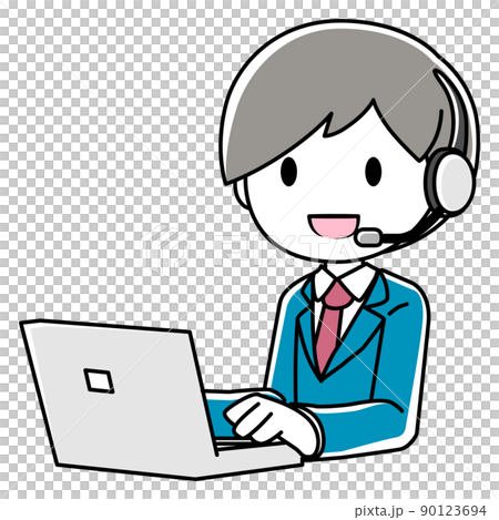 Illustration of a man operating a PC while calling with a headset 90123694