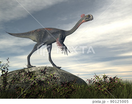 Gigantoraptor dinosaur in the desert - 3D render Gigantoraptor dinosaur in the desert - 3D render 90125005