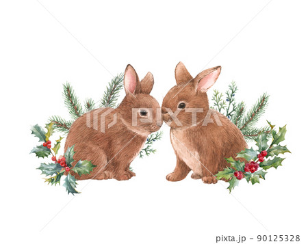 Beautiful stock illustration with hand drawn watercolor cute rabbit family. Forest animal composition clip art. 90125328