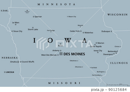 Iowa, IA, gray political map, with the capital Des Moines and most important cities. State in the Midwestern region of the United States of America, nicknamed The Hawkeye State. Illustration. Vector. 90125684
