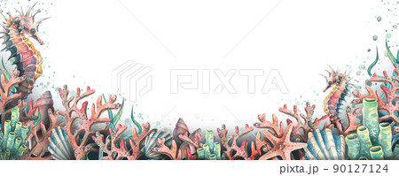 Watercolor illustration of a horizontal board on a marine theme with a seahorse, seashells, algae and corals. Composition for decoration and design of souvenirs, posters, postcards, prints, banners. 90127124