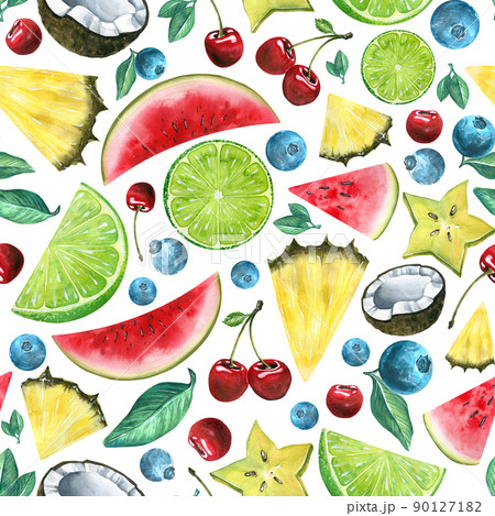 Tropical fruits, pineapple, watermelon, coconut, lime, carambola, blueberries and cherries. Bright, seamless pattern. Watercolor. For decoration and design of fabric, textiles, wallpaper, clothing. 90127182