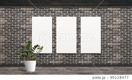 Mockup brick wall with flower plant in Scandinavian style. Blank white poster with frame empty wall mock-up. 3d render. Mockup brick wall with flower plant in Scandinavian style. Blank white poster with frame empty wall mock-up. 3d render. 90128477