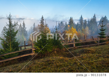 Cloudy and foggy morning late autumn mountains scene. Peaceful picturesque traveling, seasonal, nature and countryside beauty concept scene. Carpathian Mountains, Ukraine. 90131078