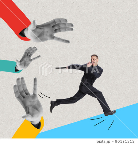 Art collage with young man, policeman officer wearing black uniform running away from human hands isolated on light background. Concept of job, caree, law and order. 90131515