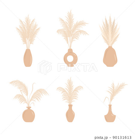 Dry pampas grass in vases. Set of cortaderia arrangements in boho style. Vector dried flowers isolated on white background. Trendy element design for wedding invitations, postcards, home interior 90131613