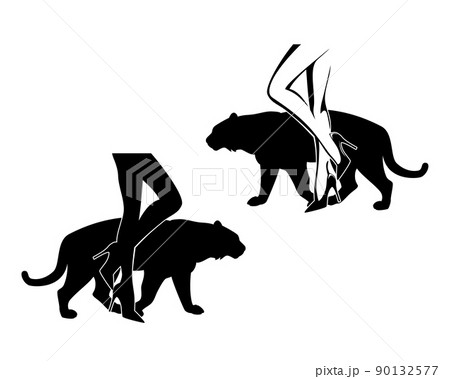sexy woman legs wearing high heels shoes and walking tiger cat vector silhouette sexy woman legs wearing high heels shoes and walking tiger cat vector silhouette 90132577