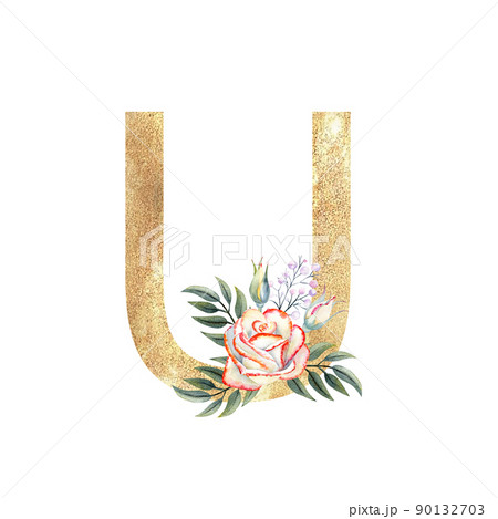 Golden letter U of the English alphabet with a bouquet of pink roses on a white isolated background. Hand-drawn watercolor illustration Golden letter U of the English alphabet with a bouquet of pink roses on a white isolated background. Hand-drawn watercolor illustration 90132703