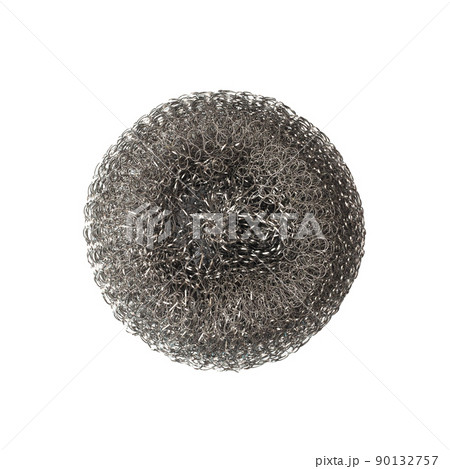 Stainless steel scrubber, scouring pad on a white background. Isolated. Metal sponge for washing dishes and cleaning dried food. Flat lay. Top view. Stainless steel scrubber, scouring pad on a white background. Isolated. Metal sponge for washing dishes and cleaning dried food. Flat lay. Top view. 90132757