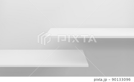 Long 3d empty blank wooden shelves mockup on wall 90133096