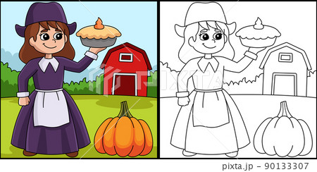 Thanksgiving Pilgrim Girl Holding Pie Illustration 90133307