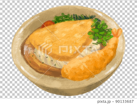Inari shrimp tempura udon noodle soup Japanese food illustration  hand drawing art 90133687